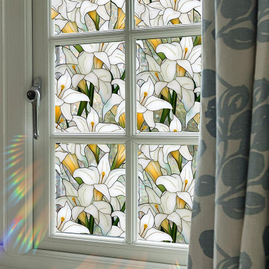 Window Privacy Film Rainbow White Flower Window Sticker 3D Decoration Vinyl Stained Glass Lily Flower Decal Static Sticker Non-Adhesive, 15.75 x 40 Inch