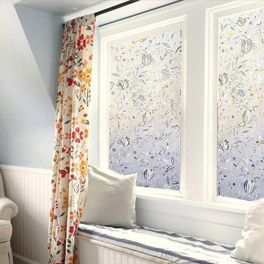 Window Film, Decorative Window Privacy Film, 3D Stained Glass Window Sticker, UV Protection Sunshade Insulation for Home (Rainbow Tulip Design, 17.5 x 78.7 Inch)