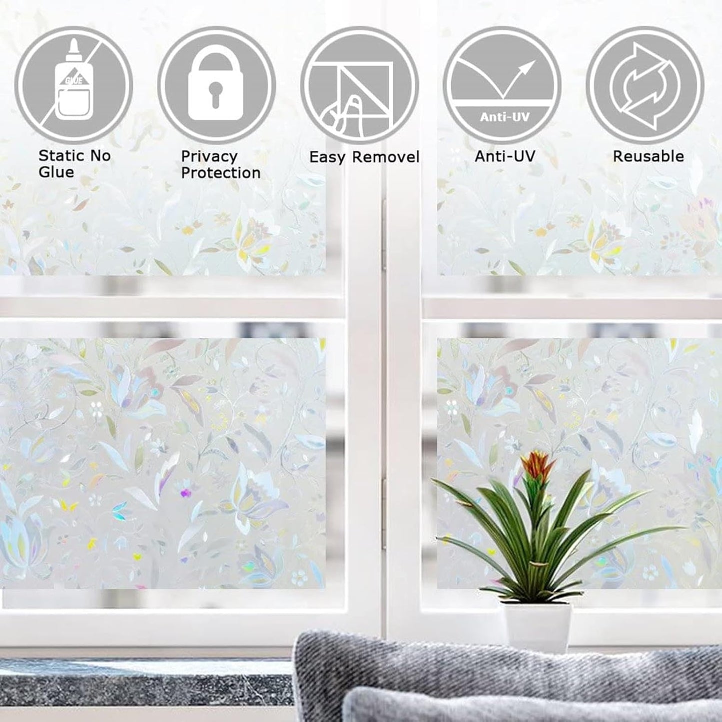Window Film, Decorative Window Privacy Film, 3D Stained Glass Window Sticker, UV Protection Sunshade Insulation for Home (Rainbow Tulip Design, 17.5 x 78.7 Inch)