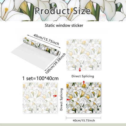 Window Privacy Film Rainbow White Flower Window Sticker 3D Decoration Vinyl Stained Glass Lily Flower Decal Static Sticker Non-Adhesive, 15.75 x 40 Inch
