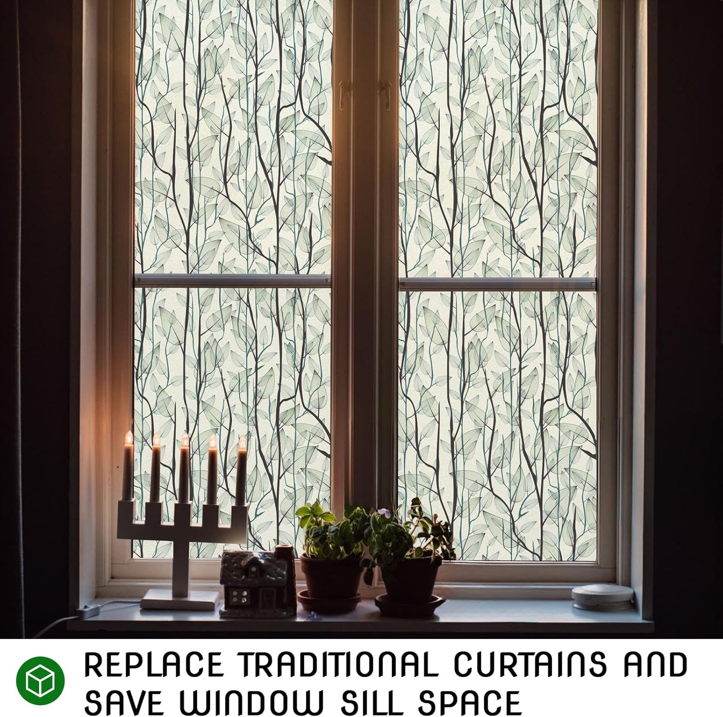 Window Film Privacy Protection (Installation Tools Included), Home Decorative Stained Glass Window Stickers, Static Cling Window Stickers (For Front Doors, Bathrooms, Glass Doors) (Dark Green, 17.7" x 78.7")