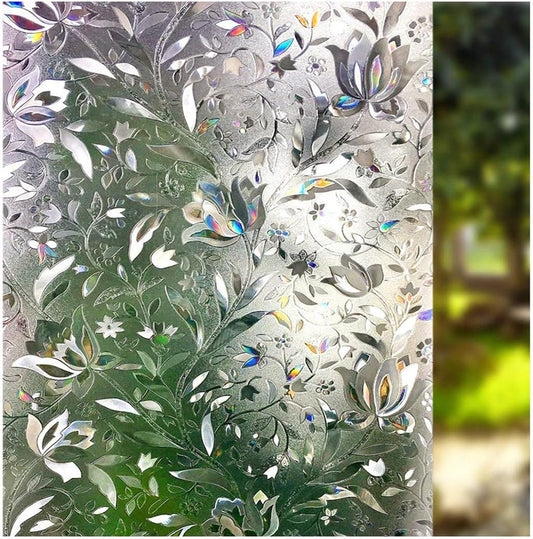 Window Film, Decorative Window Privacy Film, 3D Stained Glass Window Sticker, UV Protection Sunshade Insulation for Home (Rainbow Tulip Design, 17.5 x 78.7 Inch)